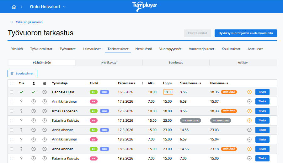 Temployer Hoursin mobiilinäkymä työntekijälle