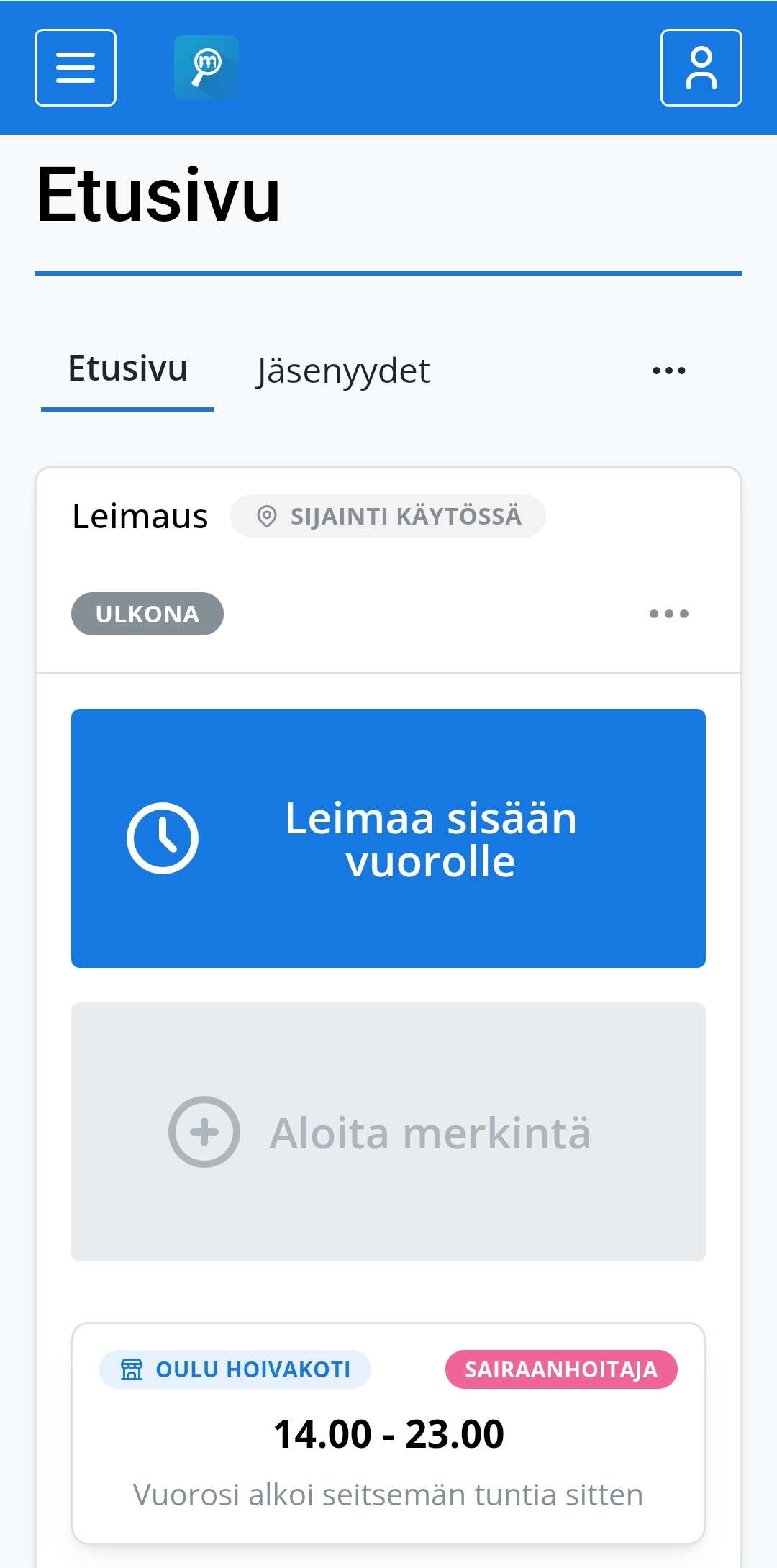 Temployer Hoursin työaikaleimauksen mobiilinäkymä