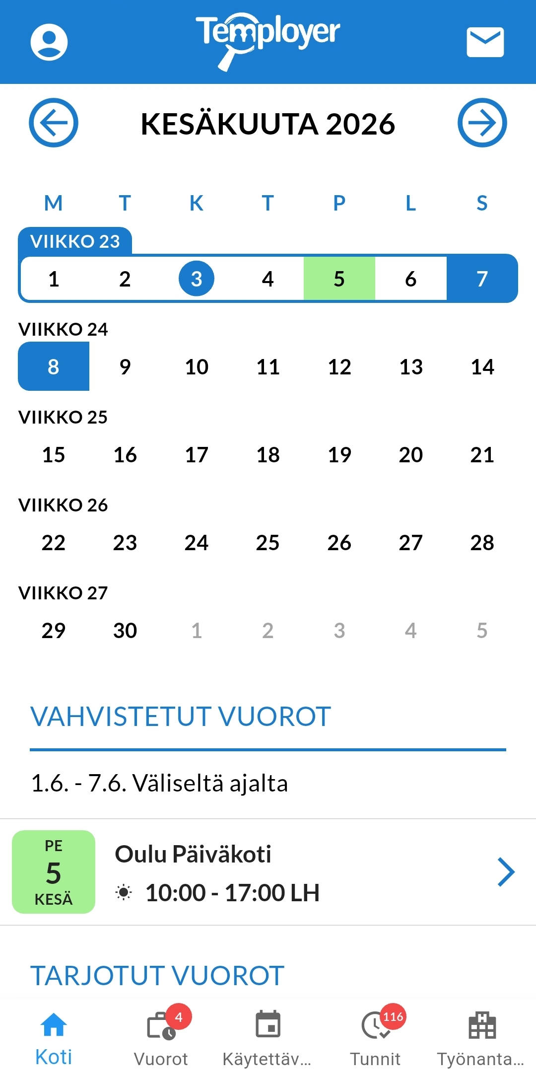 Temployer Poolin työntekijän mobiilinäkymä