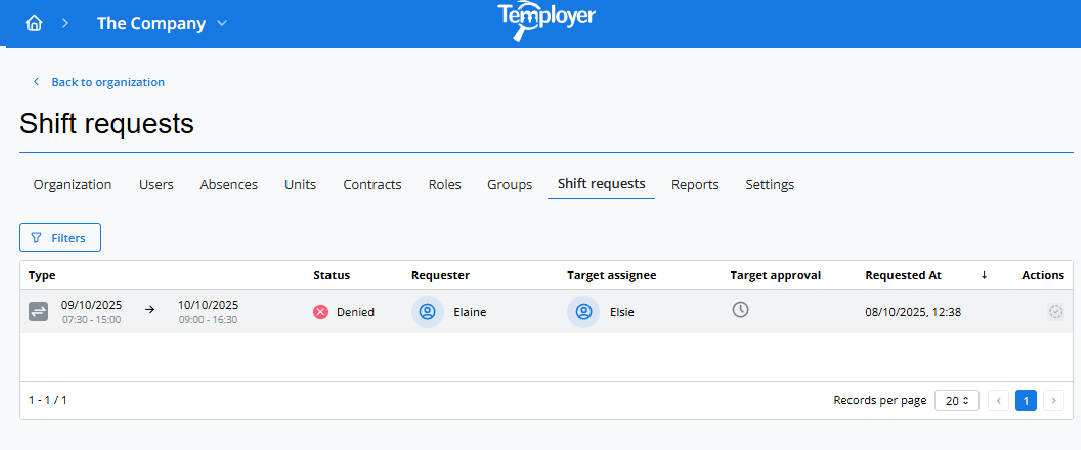 Temployer Agency shift requests view
