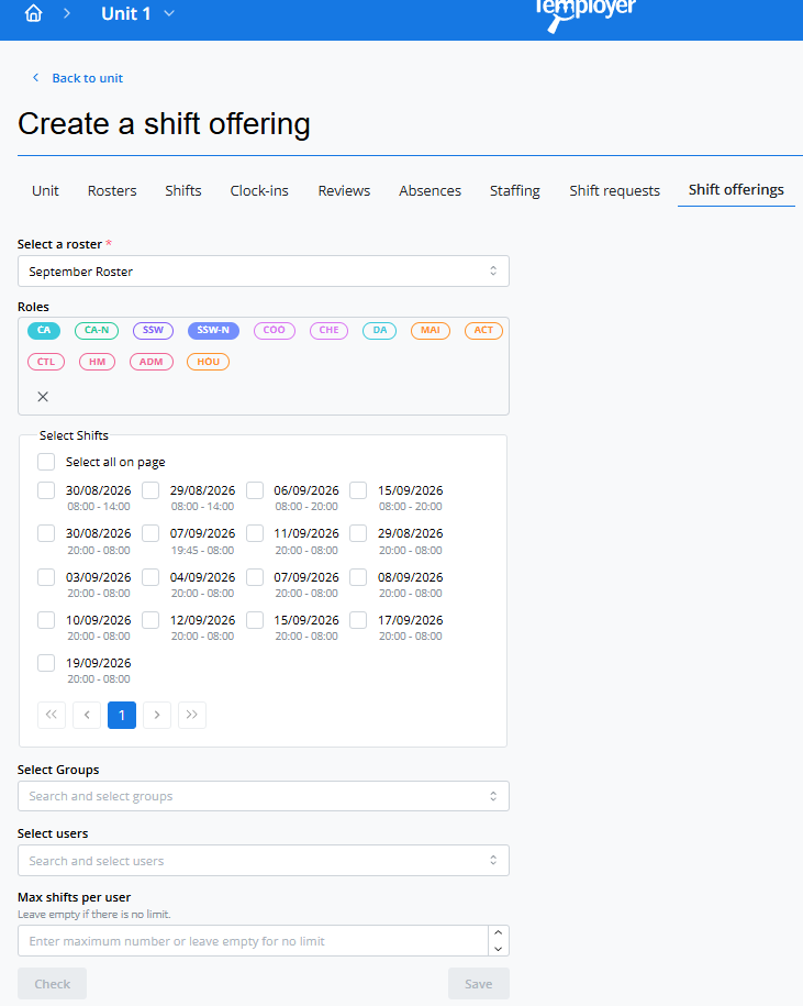 Temployer Core shift offering view for agencies