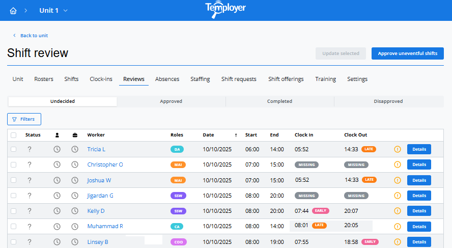 Temployer shift review and time tracking view