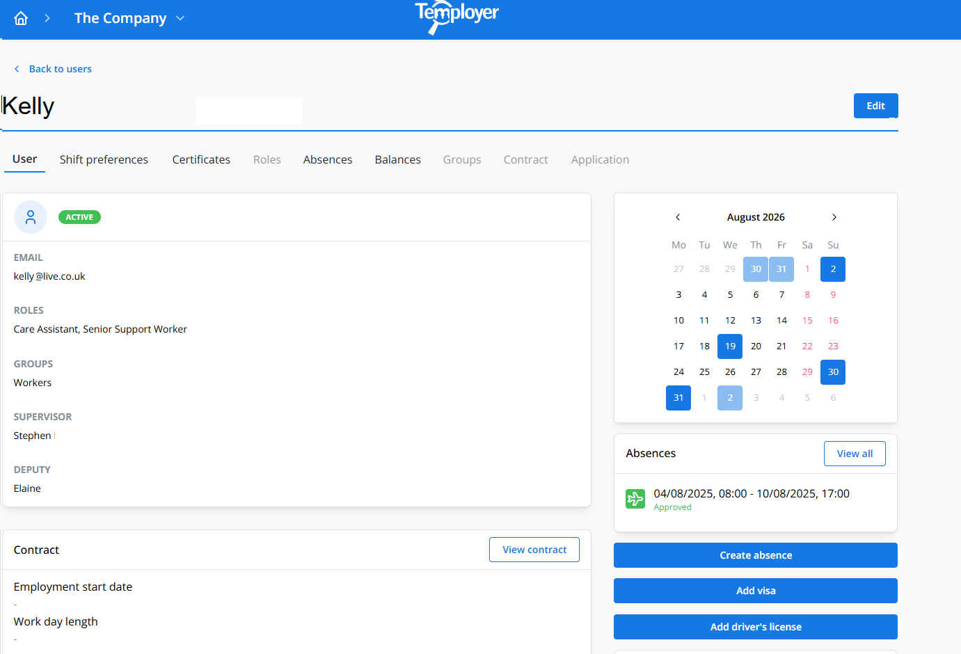 Temployer worker profile and absence view
