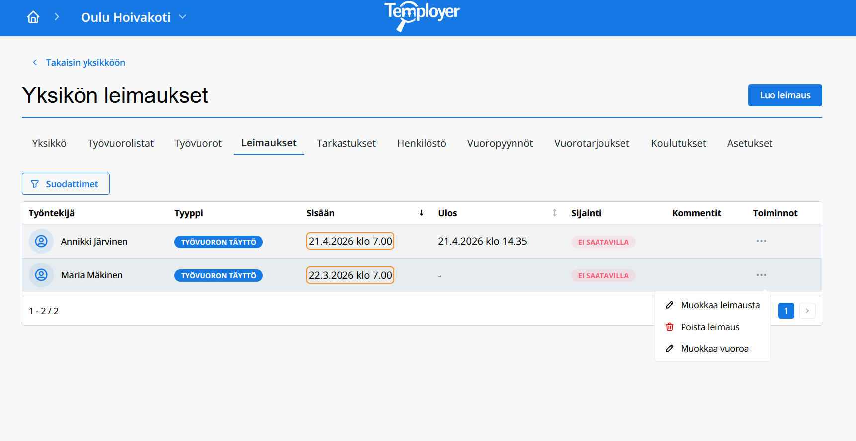 Hoursin leimausten hallintanäkymä