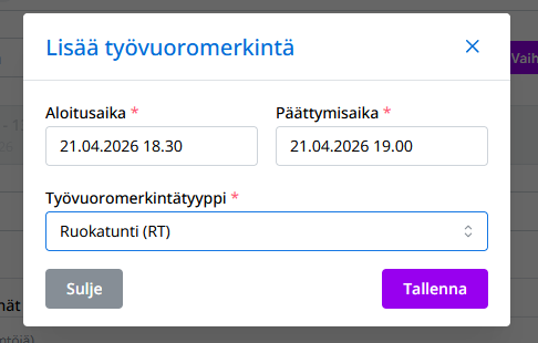 Työvuoron sisäiset merkinnät
